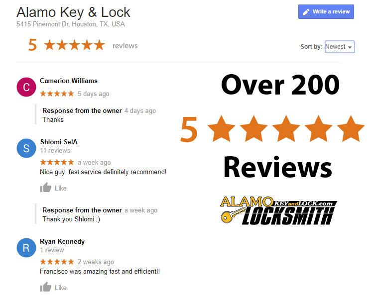 five star reviews for AlamoKeyandLock locksmith services in Houston TX