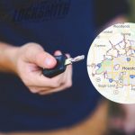 locksmith holding a single key and a Map of Houston Texas and mobile phone illustration