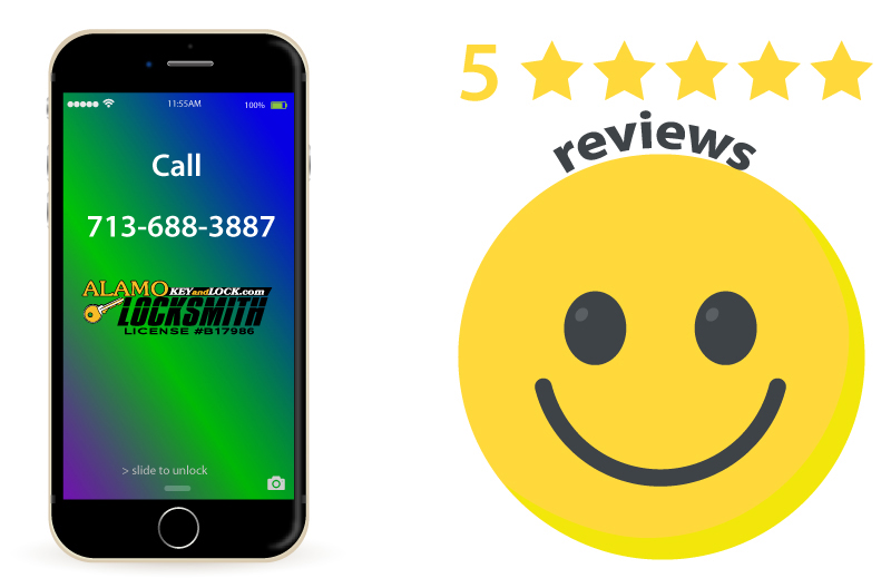5 star reviews and smiley illustration next to a mobile phone