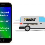illustration of a mobile phone and a Van with Alamo Key & Lock Emergency Phone number
