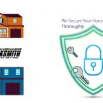 home and commercial building illustration and security lock and keys icon