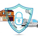 illustration of a house and a van with secure lock icon in front