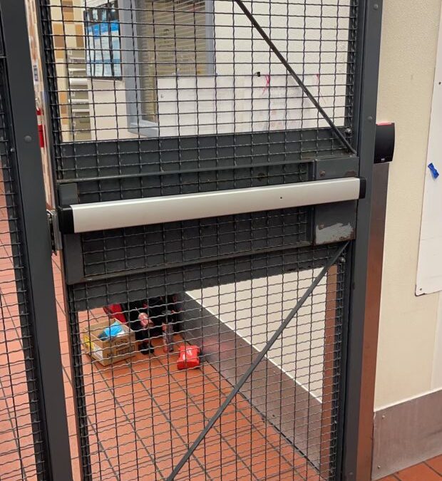 Exit device push bar on a wire-mesh cage door in Houston